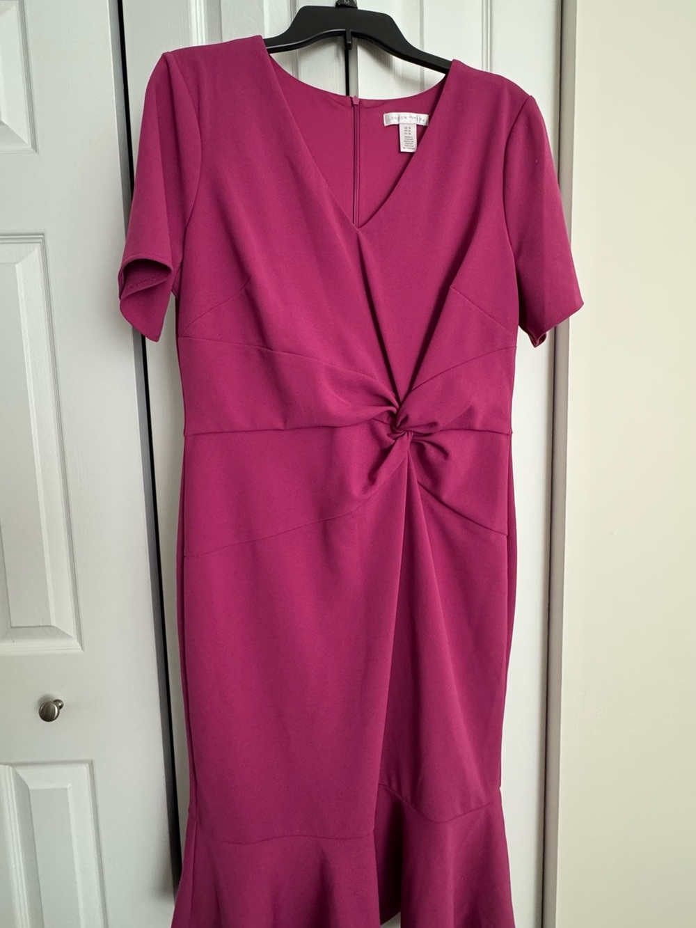 London Times Twist-Front V-Neck Midi Dress in Fuchsia